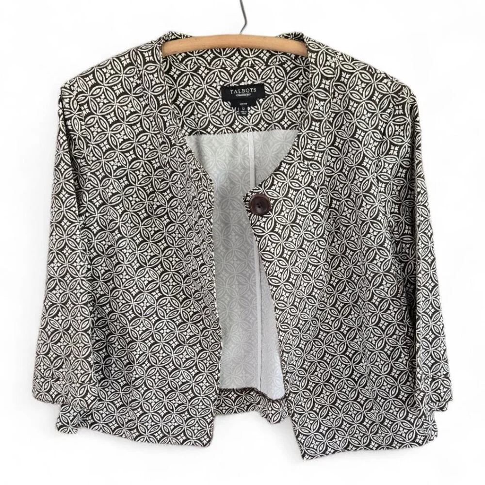 Talbots Womens Short Swing Jacket Size 12 Brown & White Patterned Button-Front - Picture 2 of 7
